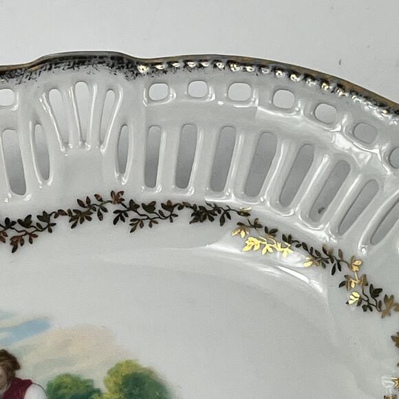 German Porcelain Trinket Dish Victorian Couple Farming Lattice Reticulated Bowl - Picture 8 of 9